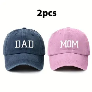 Set of 2 Vintage-Style Washed Soft-Top Baseball Caps Featuring The Letters 'Dad' And 'Mom', Suitable for Both Men And Women for Outdoor Use. Adjustable Size Pointed Caps, Perfect for All Seasons