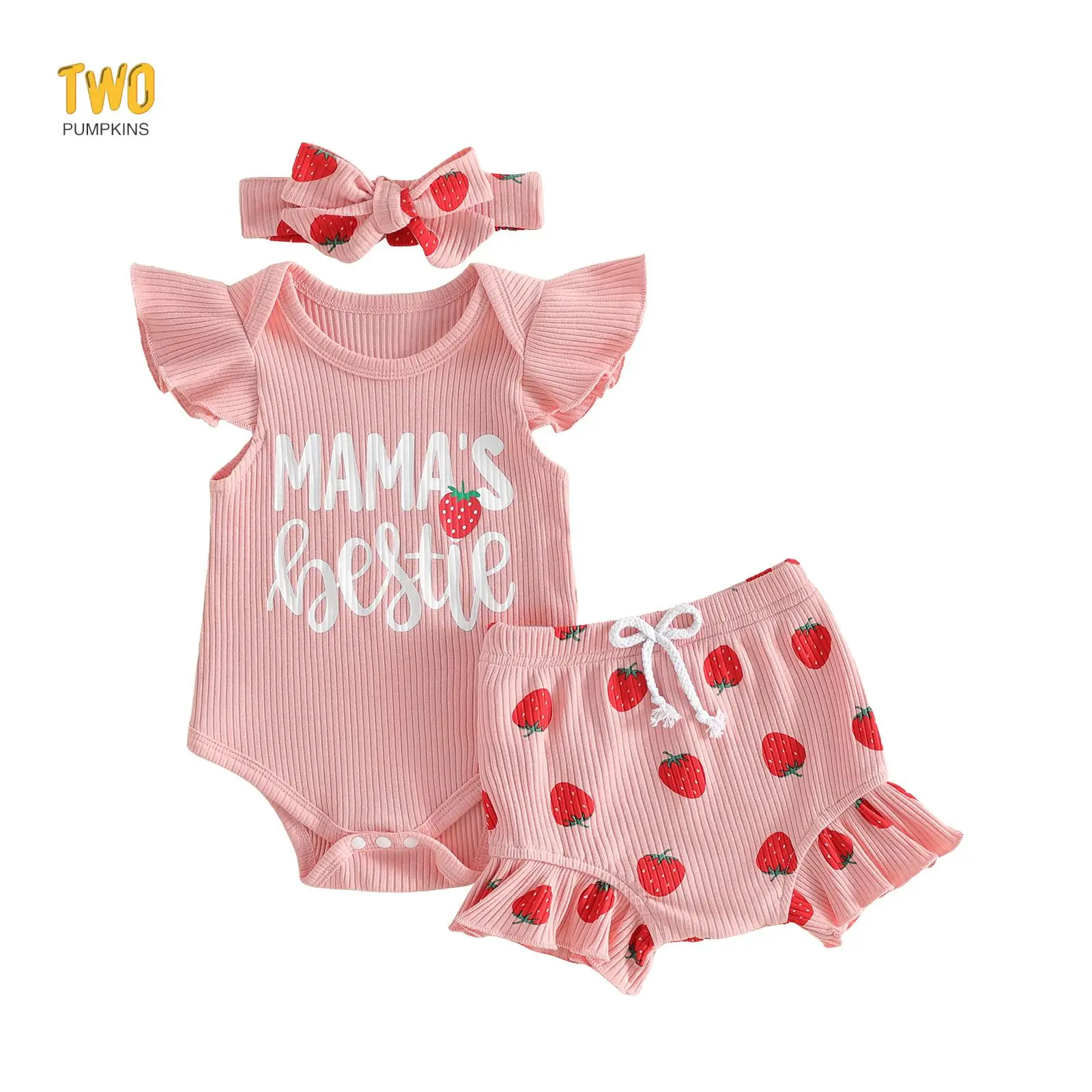 Newborn Strawberry Outfit Baby Girl Mama's Bestie Romper Ruffle Onesie Rib Shorts Set Headband 3Pcs Summer Clothes