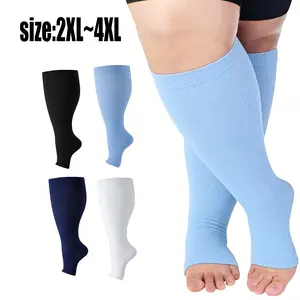 4 Pairs Plus Size Wide Calf Compression Socks for Women Men, Open Toe Support Socks, 2XL-4XL, Black Navy Light Blue White, Breathable, Moisture Wicking, for Running Travel Work Everyday Wear