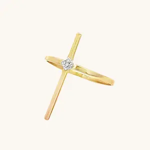 SOLID 14K YELLOW GOLD THIN DIAMOND CROSS RING
