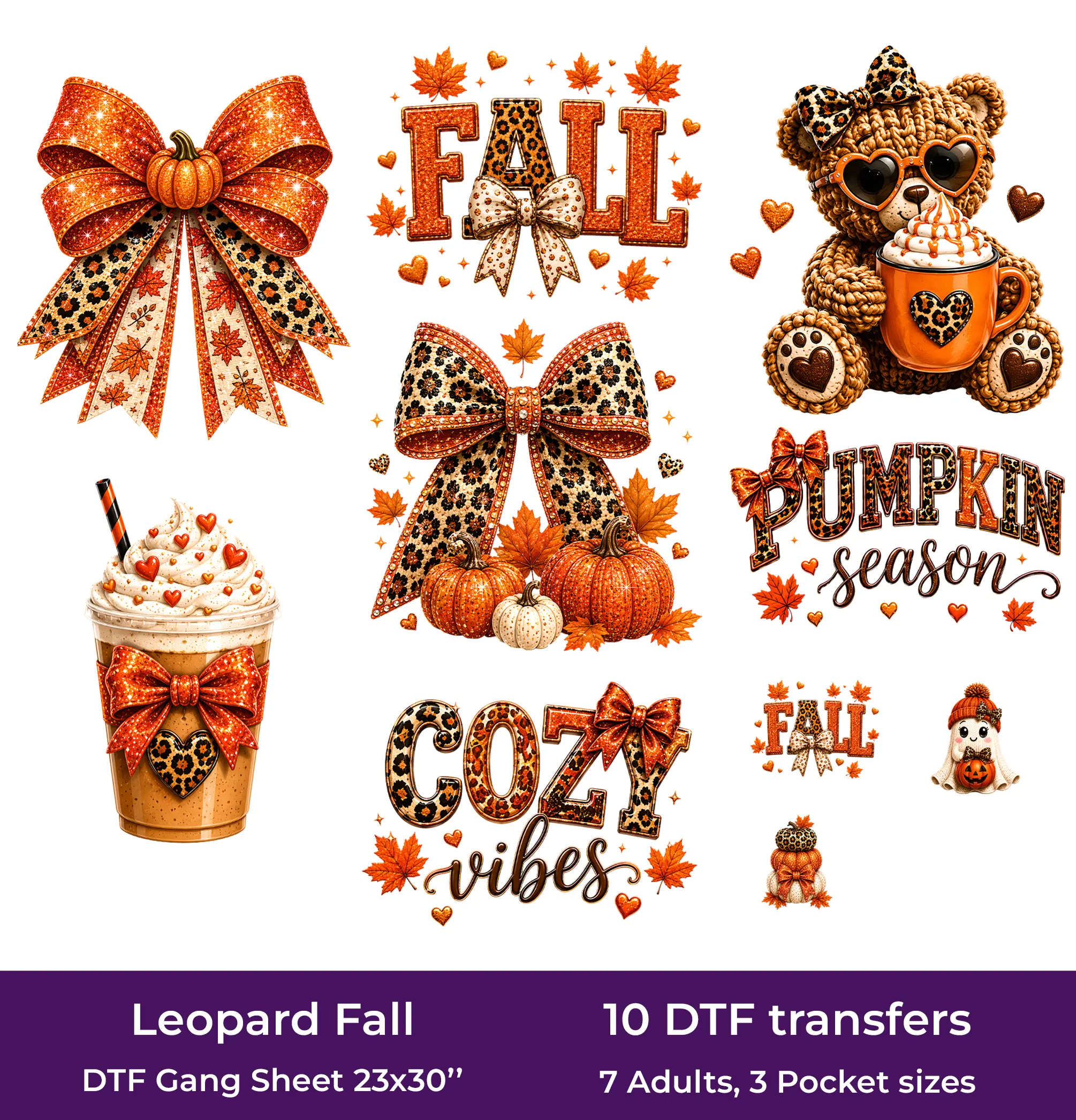 Leopard Fall DTF Gang Sheet, 23x30 in. Cute Ready to Press Heat transfers