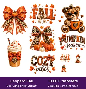 Leopard Fall DTF Gang Sheet, 23x30 in. Cute Ready to Press Heat transfers