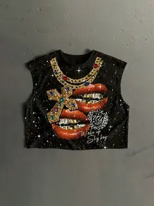 Men's Short Box Vest with Sequins, Summer Vacation Basic, Fake Necklace Cross Pendant Mouth Pattern, Casual Streetwear Inner Layer Outer Wear