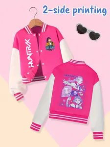 Girls Kpop Demon Hunters Baseball Jacket, Collared Jacket, Casual Fitted Short Coat, Casual Cute Outerwear, Fall & Winter Elastic Fabric, Korean Style Fashion