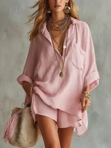 Vacation Style Casual Plain Women's Collared Button Front Pocket Top + Short Set, Fashion Solid Color Beach Shorts Shirt Set