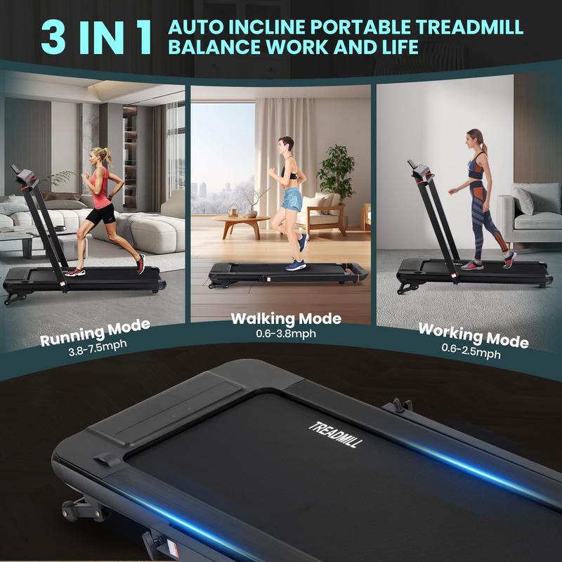 GARVEE 2-in-1 Foldable Under Desk Walking Treadmill with 15% Auto Incline, Handle Bar, LED Display, 7.5 MPH Max Speed, and 2.5HP Portable Motor for Home Use