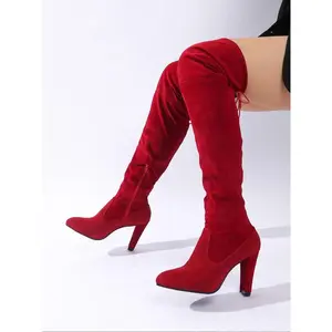 Women's Fashion Over-The-Knee Boots, High Heel Slimming Velvet Stacked Height Increase, Spring & Fall Trendy Stylish Long Booties