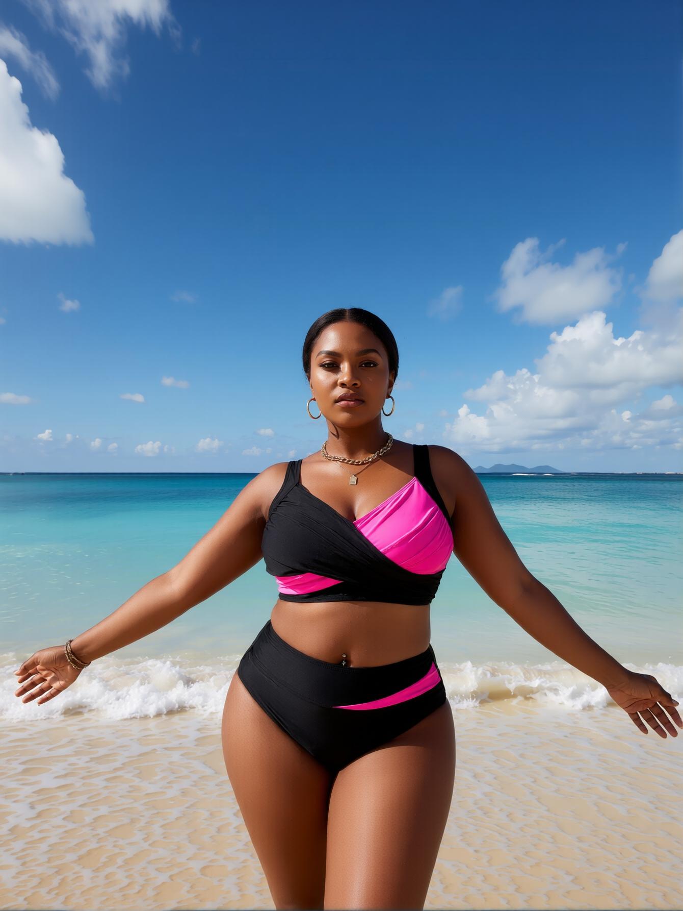 Casual Plus Size High Waist Two Piece Bikini Set Black Pink Color Block Tropical Style Beachwear