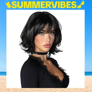 AISI HAIR Women's Synthetic Full Machine Wig - Layered Short with Bangs, Natural Straight Look, Glueless, Heat Resistant Beauty Product, Beauty Products