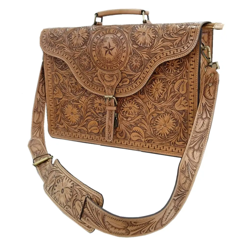 American Darling Briefcase Hand Tooled Floral Carved Vegetable-Tanned American Genuine Leather Western Bag 12in X 18in X 5in