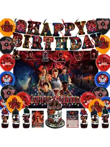 Theme Birthday Party Decorations, Cartoon Birthday Pull Flag Cake Topper Balloons Background Cloth Invitation Card Set, Unforgettable Birthday Setup