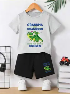 Boys Summer Short Sleeve Shorts Set, Dinosaur Print, Soft Breathable Fabric, Loose Fit, Casual Daily Wear, Family Outing