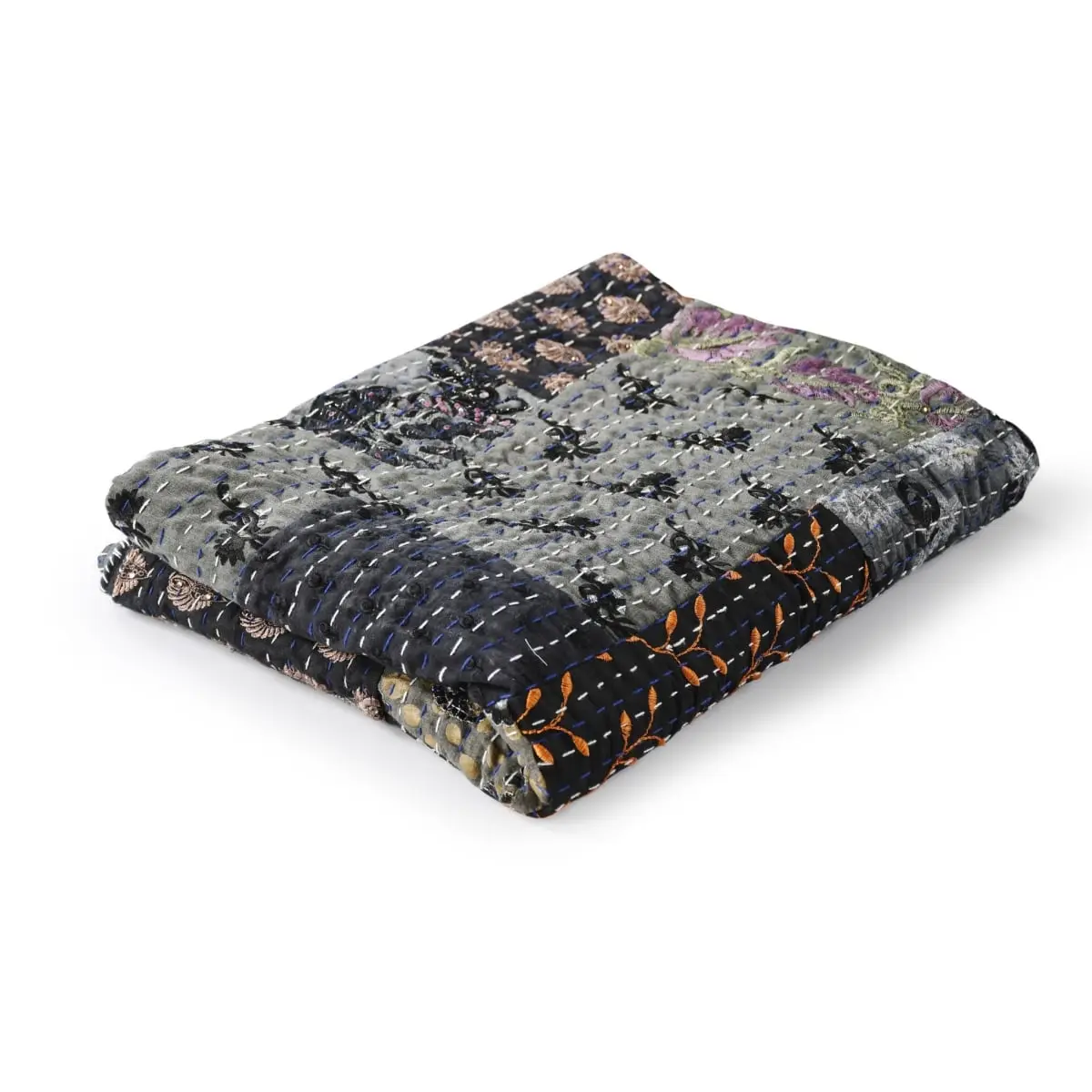 360 stand Knitted Cotton Patchwork Boho Blanket - Cotton Fiber, Knitted Weave, Patchwork Print, Gray, Indoor Use, Boho Blankets, Bohemian Style Blankets