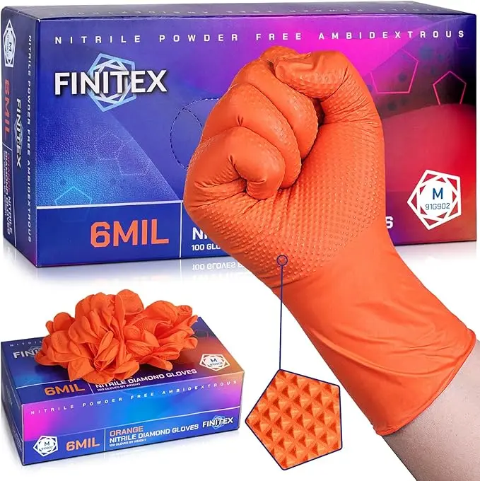 FINITEX 6Mil Diamond-Textured Grip Nitrile Cleaning Gloves, Durable Latex&Powder-free Disposable Heavy-duty Industrial Automotive Mechanical Construction Renovation Garden Fish Kitchen Food Cook Household Gear Hand Tool,halloween，moving essentials