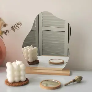 Irregular Aesthetic Makeup Mirror, Frameless Acrylic Lightweight Desktop Mirror with Wooden Stand for Living Room Bedroom Office Home Decor, Cloud Shape, Unique Style