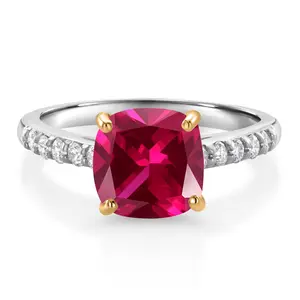 Gem Stone King 2.70 Cttw Red Created Ruby and White Lab Grown Diamond 10K White Gold Engagement Ring for Women | Gemstone Birthstone | 8MM Cushion Cut