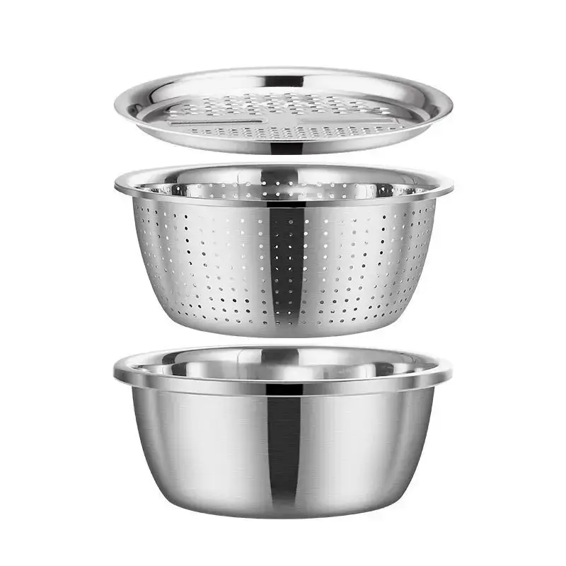 3PCS Multi-Functional Thick Stainless Steel Colander & Mixing Bowl Set - Camping Kitchen Outdoor Tableware, 3-in-1 Vegetable Washer Rice Rinser, Space-Saving Nesting Prep Essential