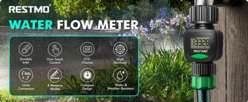 RESTMO Water Flow Meter, High Measure Accuracy, Measure Gallon/Liter Consumption and Flow Rate for Outdoor Garden Hose Watering, RV Water Tank Filling, Lawn Sprinkler and Nozzle Sprayer RESTMO Water Flow Meter, High Measure Accuracy, Measure Gallon/Liter Consumption and Flow Rate for Outdoor Garden Hose Watering, RV Water Tank Filling, Lawn Sprinkler and Nozzle Sprayer