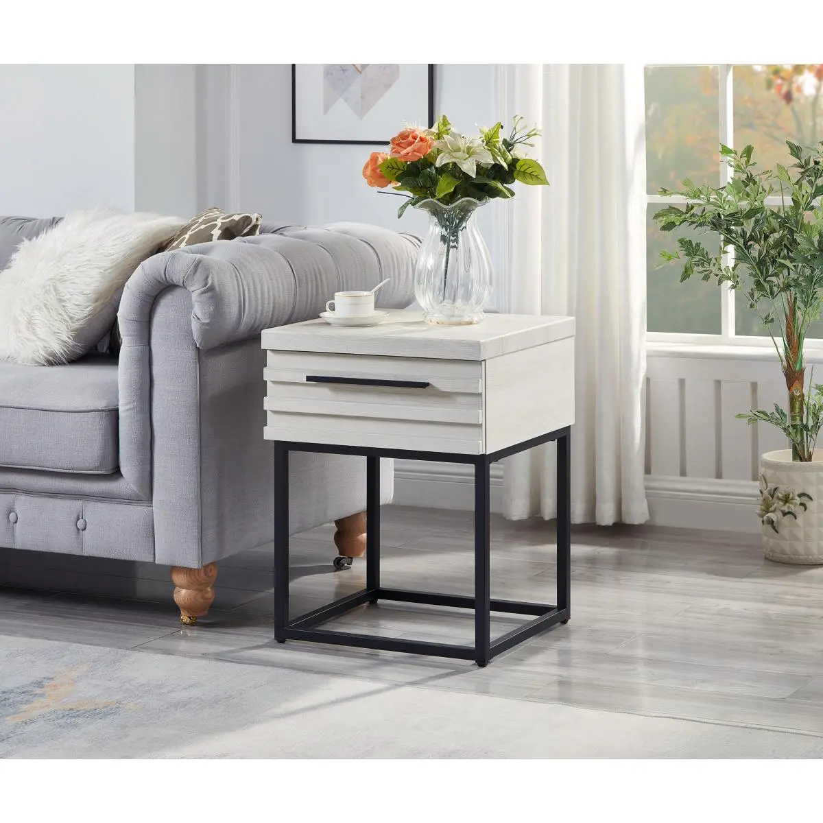 White Celestial Contemporary Metal Storage End Table with Paper-Laminated Veneer, Square Base, 17.75w x 17d x 24h in, 28 lbs, Minimalist Decluttering Indoor Furniture, All Parts/Instructions Included, Some Assembly Required, Sleek Long-Linear Handle