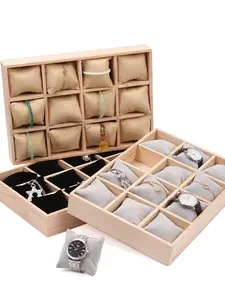 Wooden Jewelry Display Tray, 12 Grid Velvet Pillow Plate, Watch Bracelet Ring Holder, Live Streaming Storage Prop, Jewellery Organizer