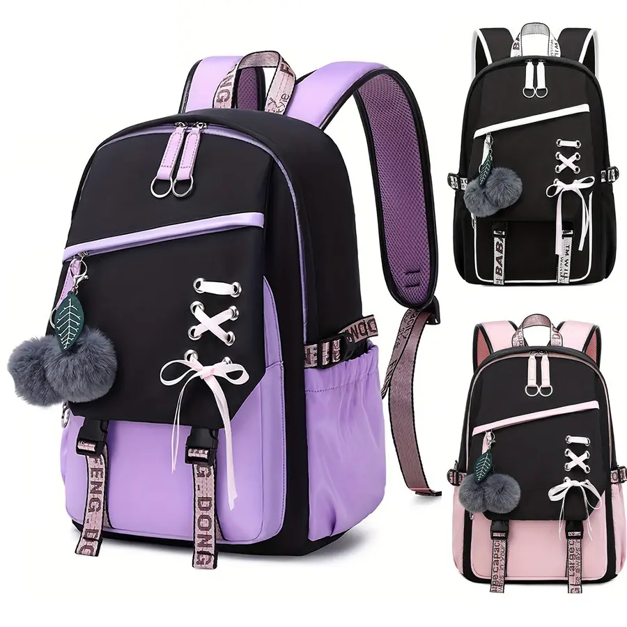 Back to School Backpack for Girls - Cute Lace-Up Design with Pom Pom Charm, Lightweight Student Bookbag with Multiple Pockets, Fashion School Bag for Teens and Kids