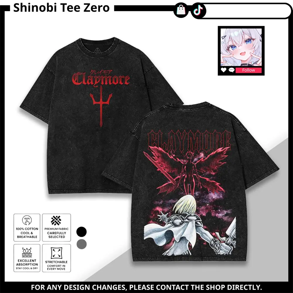 Claymore Clare Washed Vintage Anime Graphic Tee Shirt, Acid Wash Black Dark Fantasy Manga T-Shirt, Gothic Aesthetic Streetwear Oversized Tee Hoodie Sweatshirt Tank Top for Men Women Anime Lover Gift