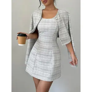 Elegant Plaid Dress Suit for Women - Polyester Two Piece Set with A-Line Mini Dress & Buttoned Jacket, Crew Neck, Mixed Color, All Season Fashion Long Sleeve Formal Chic Womenswear Comfort Workwear Crewneck Fabric Collars