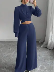 Women's Casual Basic Solid Color Set Suits Long Sleeve Fitted Crop Blouse with Side Zipper, High Waist Wide Leg Pants for Daily Outing and Commuting Womenswear