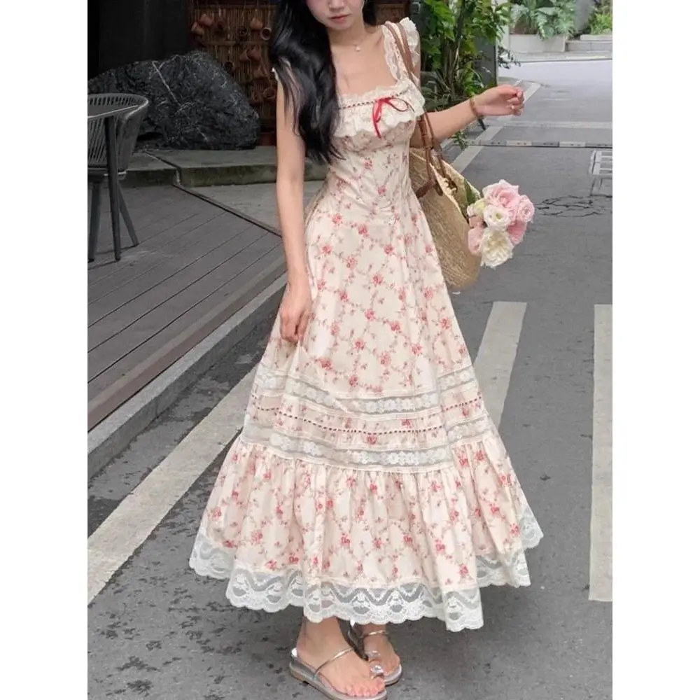 Y2k Summer French Elegant Floral Midi Dress Beach Style Korean Fashion Lace  Dress Evening Party Sexy Sleeveless Dress Woman Chic Casual Womenswear -  TikTok Shop