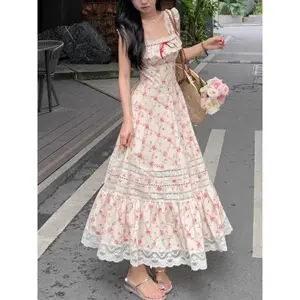 Y2k Summer French Elegant Floral Midi Dress Beach Style Korean Fashion Lace Dress Evening Party Sexy Sleeveless Dress Woman Chic Casual Womenswear