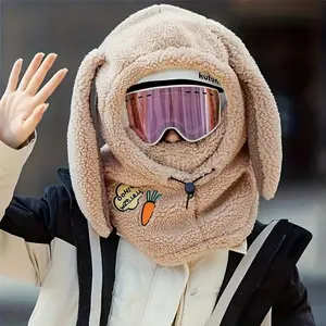 2025 Trendy Women's 3-in-1 Fleece Hooded Mask Scarf with Detachable Bunny Ears Fruit Pattern Soft Warm Adjustable Drawstring for Skiing & Outdoor Sports