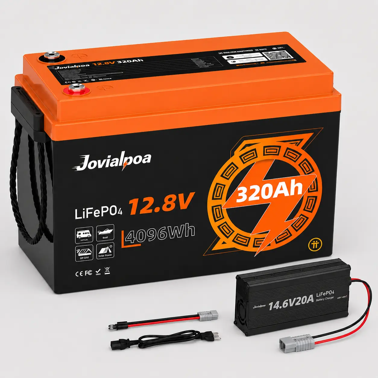 LEP Battery + Charger Kit, 12V 320Ah 4096Wh LiFePO4 Battery Pack with 20A Charger | 200A Smart BMS & Bluetooth 5.0, LFP Power Station for RV Solar Off-Grid Energy Storage