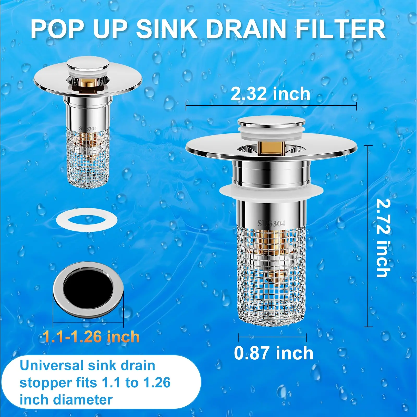 Durable Steel-Brass-Stainless Steel Sink Drain Filter with Detachable Pop-Up Basket, Drain Stopper, Modern Universal Sink Plug Replacement, Home Bathroom Gadget