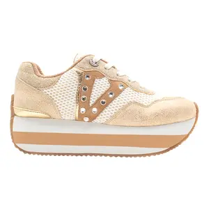 Volatile Womens Beckett Rhinestone Metallic Platform Lace Up Sneakers Shoes Casual - Beige, Gold