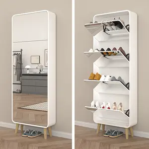 Mirror Shoe Cabinet with 4 Flip Drawers, Wooden Shoe Organizer with Solid Wood Legs, Full Length Mirror Shoe Rack, Narrow Shoe Storage Cabinet for Entryway