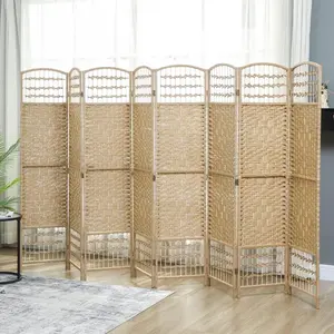 8 Panel Folding Room Divider Portable Privacy Screen Wave Fiber Room Partition for Home, Office, Natural