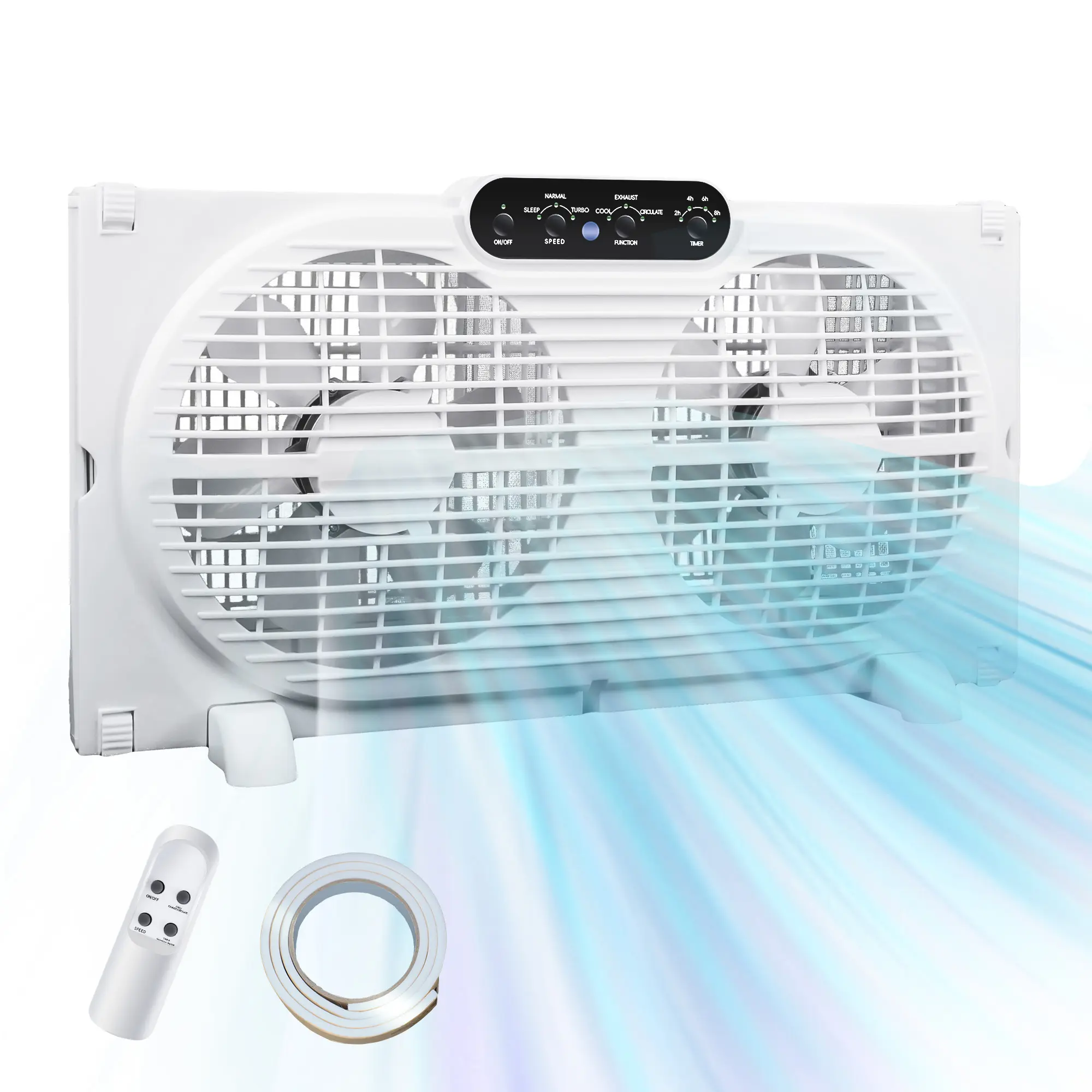 9 inch Twin Window Exhaust Fan - 3-Way Reversible Airflow, Remote Control, 3 Speeds, 23.5"-37" Adjustable Width, Universal Mount, Medium Foam Sealing Strip, Maximize Airflow Efficiency for Home Use