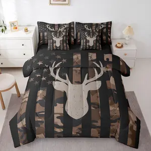 Hunting Deer 7 Piece Bedding Set Camouflage Comforter Set with Sheets for Kids Boys Girls American Flag Bed in a Bag Rustic Farmhouse Bed Set Soft Lightweight