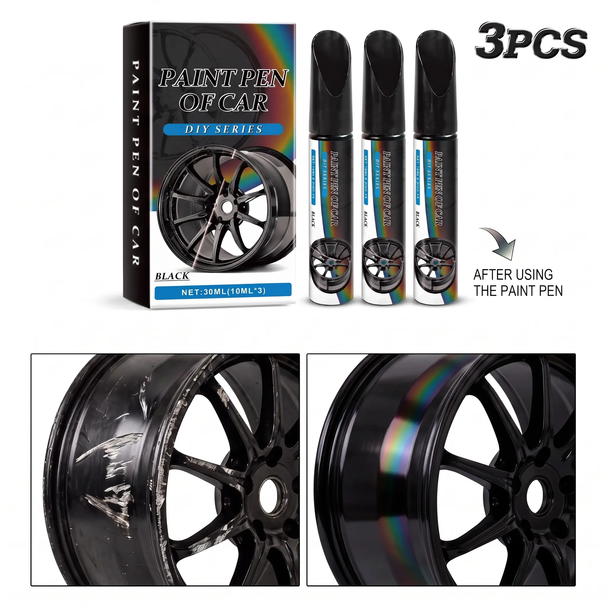 Car Touch Up Pen, Universal Gloss Black Touch Up Paint for Cars, 3Pack Car Paint Pen & Car Scratch Repair Pen for Vehicle Scratches, Chips and Scuffs, Quick-Dry & Weather