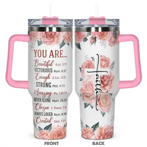Floral Pattern Tumbler, 1 Count 40oz Stainless Steel Cup with Straw & Handle, Reusable Vacuum Insulated and Durable Cup, Perfect Gift for Christian, Families, Friends, Drinkware