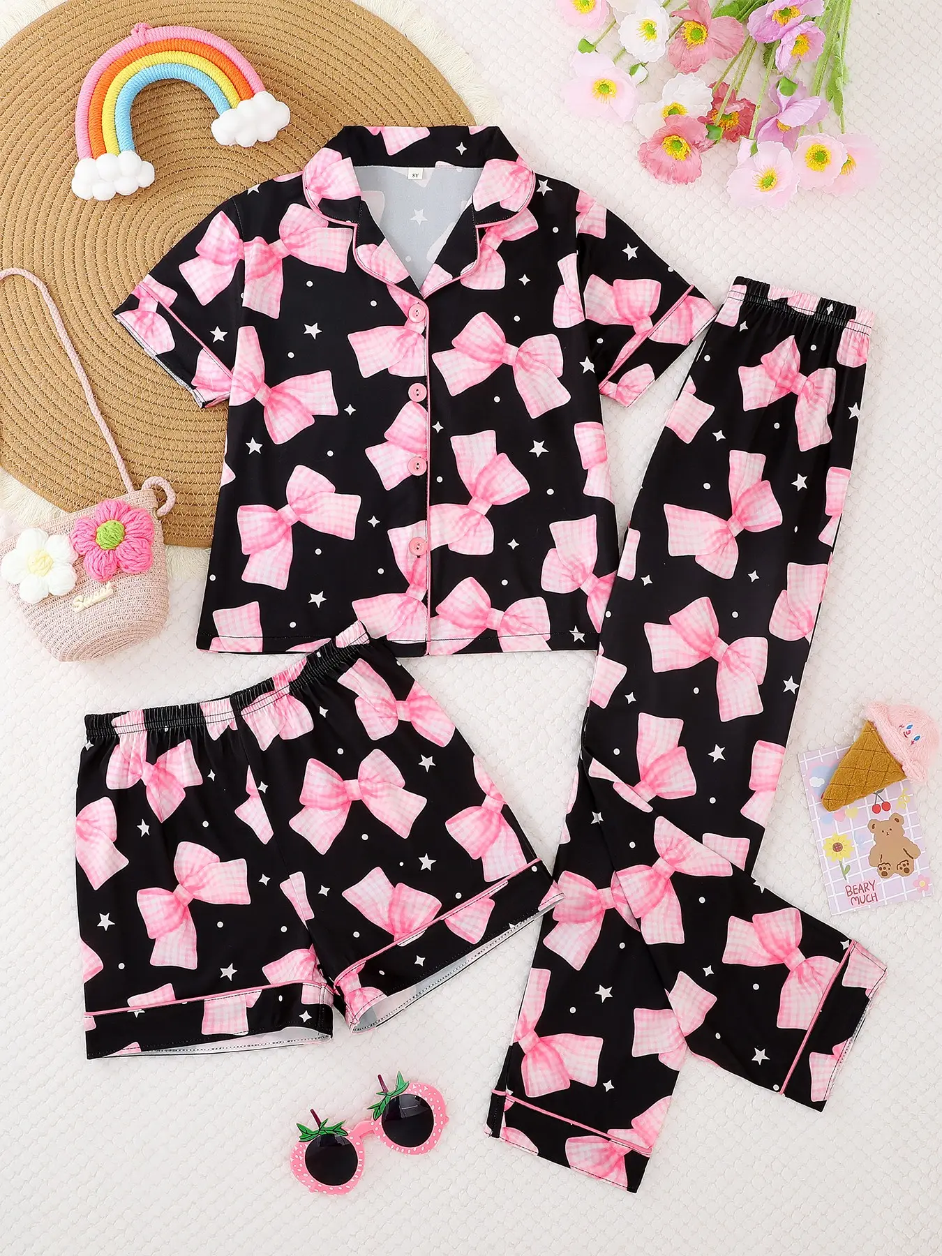 Girls' Casual Cartoon Print Pajama Bowknot Printed Sleepwear Set, Button Front Short Sleeve Cardigan & Shorts Pants, All-Season Home Wear Pajamas Loungewear Bow Print Pyjama