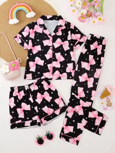 Girls' Casual Cartoon Print Pajama Bowknot Printed Sleepwear Set, Button Front Short Sleeve Cardigan & Shorts Pants, All-Season Home Wear