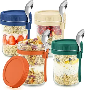4 Pack Glass Overnight Oats Containers with Lids and Spoons 16 Oz Mason Jars for Overnight Oats Jars Leak Proof Oatmeal Container Meal Prep Jar for Cereal Fruit Vegetable Milk Salad Yogurt