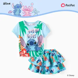 Disney Stitch Girls 2-Piece Outfit - Tropical Print T-Shirt & Layered Skirt Set, Cosmic Vibes Lilo & Stitch Character Apparel for Toddlers & Little Girls, Summer Casual Set