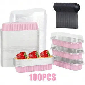 100PCS Mini Cake Pans With Lids, 6.8OZ Rectangle Disposable Foil Ramekins Loaf Mini Cake Tins Mini Aluminum Pans With Lids For Wedding Birthday Holiday Party Business, Black Gold Pink, For Christmas Party Bakeware