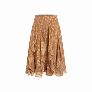 Cider Chiffon Mid Rise Placement Graphic Ruffled A-line Midi Skirt