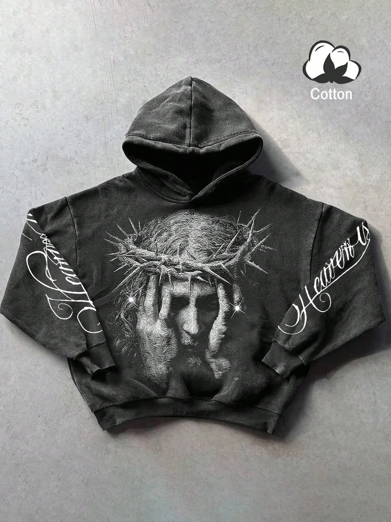 Dark Wash Cotton Hoodie with Jesus Crown Print, Comfortable Fit, Casual Style, Spring & Fall Wear, Unisex Fashion Top, Sweatshirts