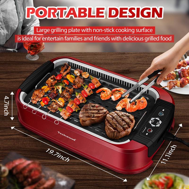 Techwood Indoor Smokeless Grill 1500W Electric BBQ with Temperature Control Korean Grill Removable Non-Stick Plates Tempered Glass Lid Red grill rack electric mini