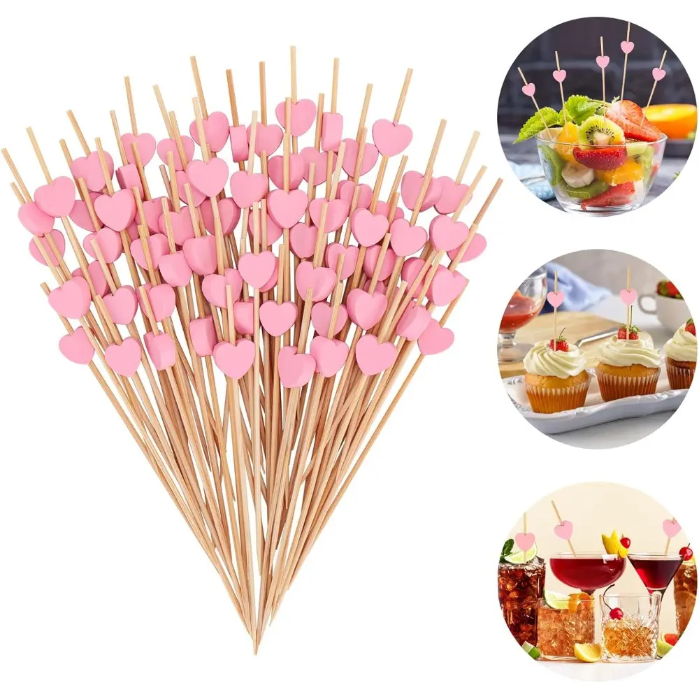 Smooth 4.72 in Pink Heart Bamboo Toothpicks - Rugby Shaped Design, Twice Regular Toothpick Length, Cocktail Picks for Cocktail Parties, Valentine's Day Gifts