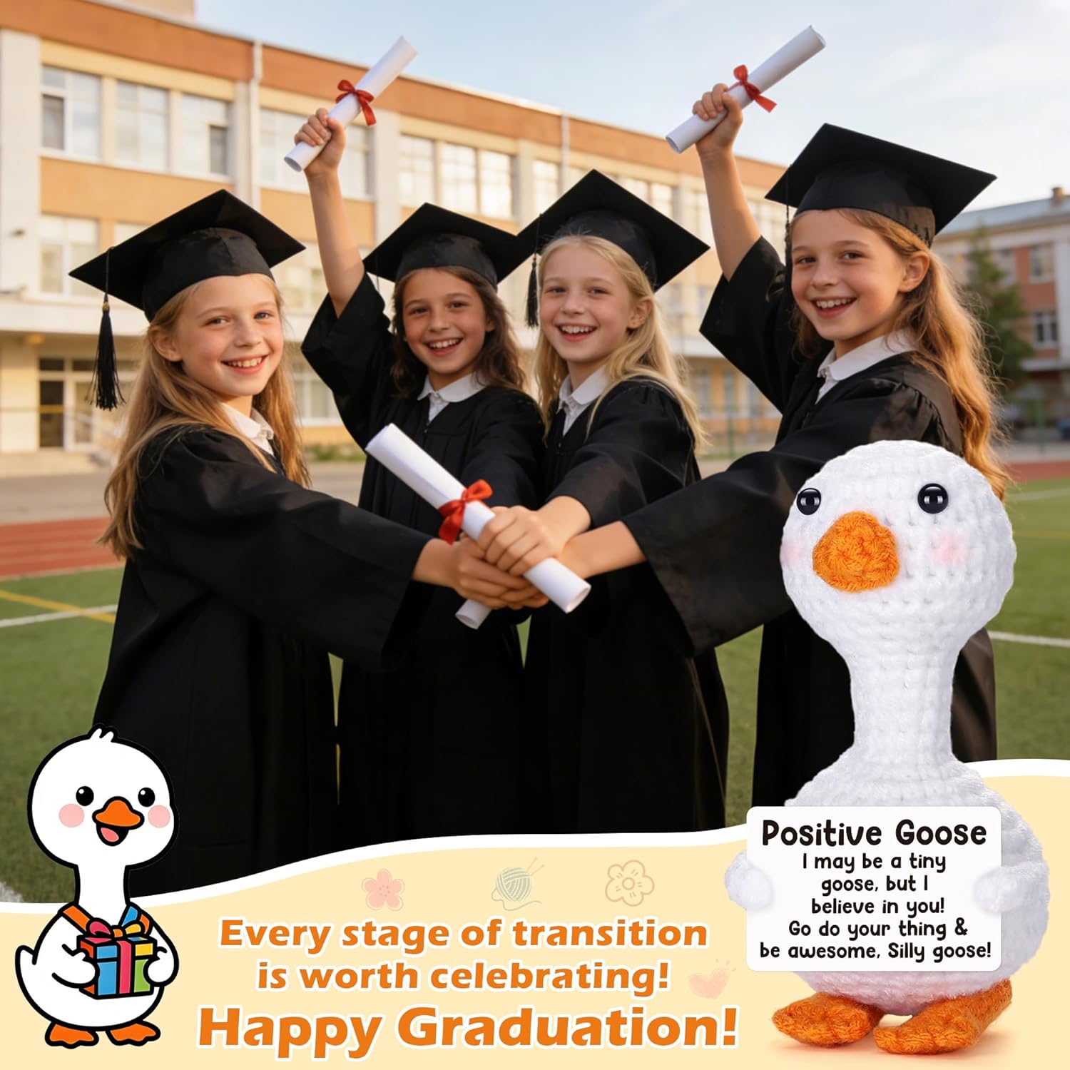 Mini Goose Easter Basket Stuffers for Teens Girls Women Crochet Positive Goose Emotional Cheer Support Easter Gifts for Kids Birthday Graduation Gift for Her College Nurse Friend Bestie Coworker